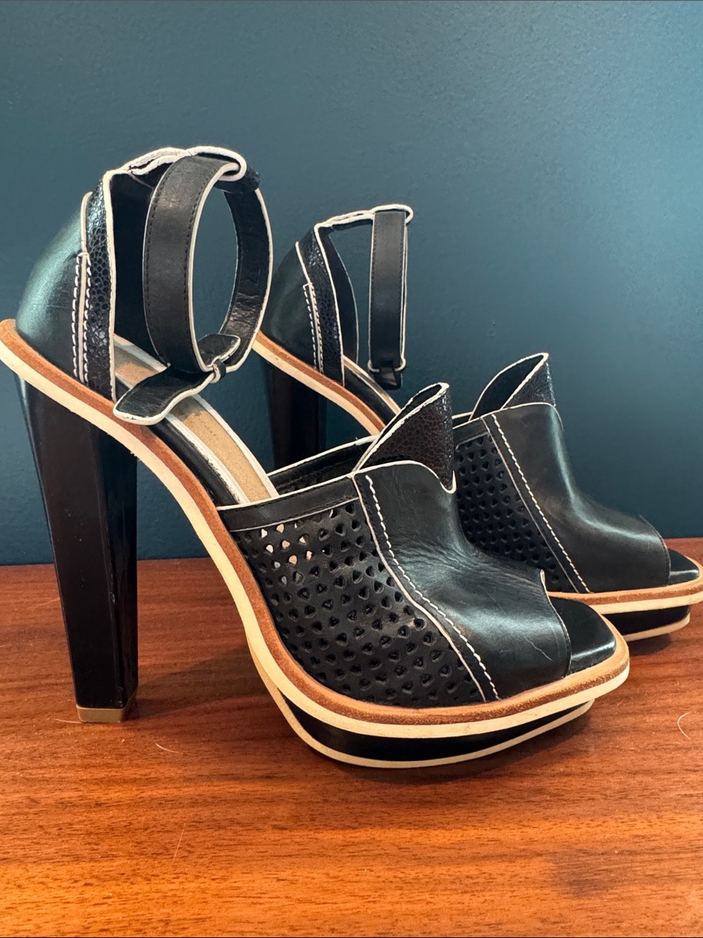 rag & bone Black Leather Perforated Peep-Toe Platform Sandals with Ankle Strap
